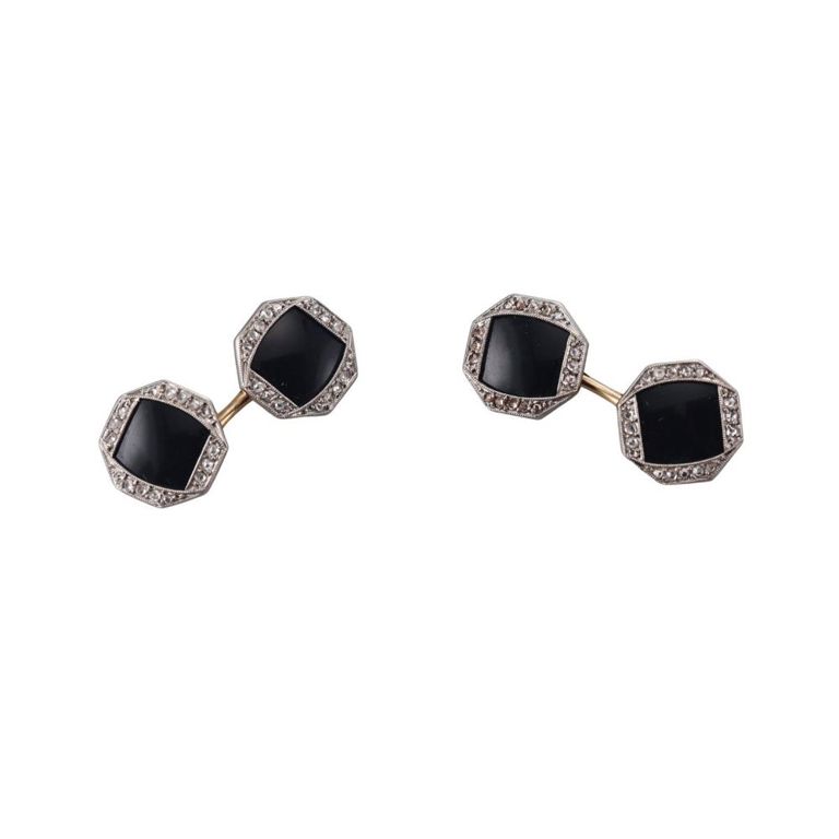 Gold Platinum Diamond and Onyx Cufflinks