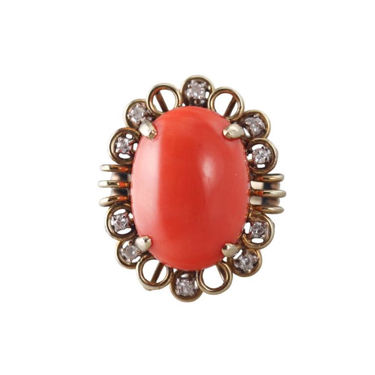 14k Gold Coral and Diamond Ring