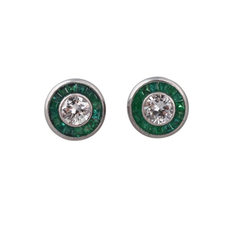 Platinum Diamond and Emerald Earrings
