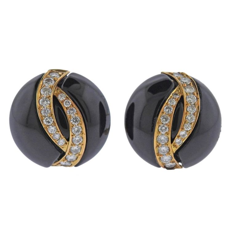 18k Gold Onyx and Diamond Earrings