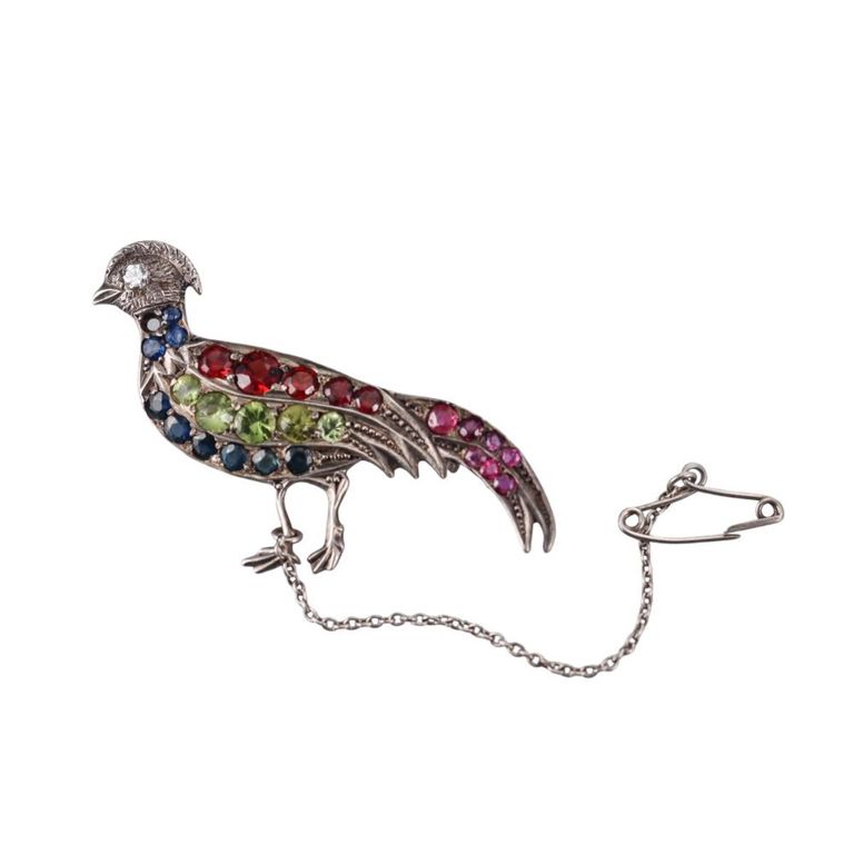 Sterling Silver Diamond Multi-Gemstone Brooch