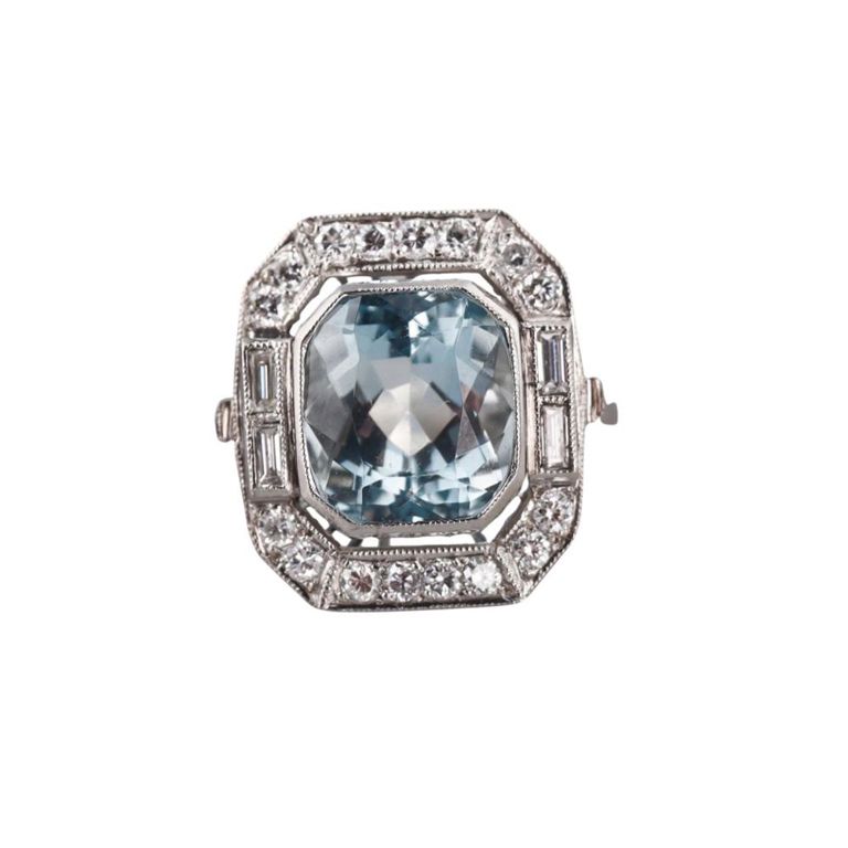 Platinum Aquamarine and Diamond Ring
