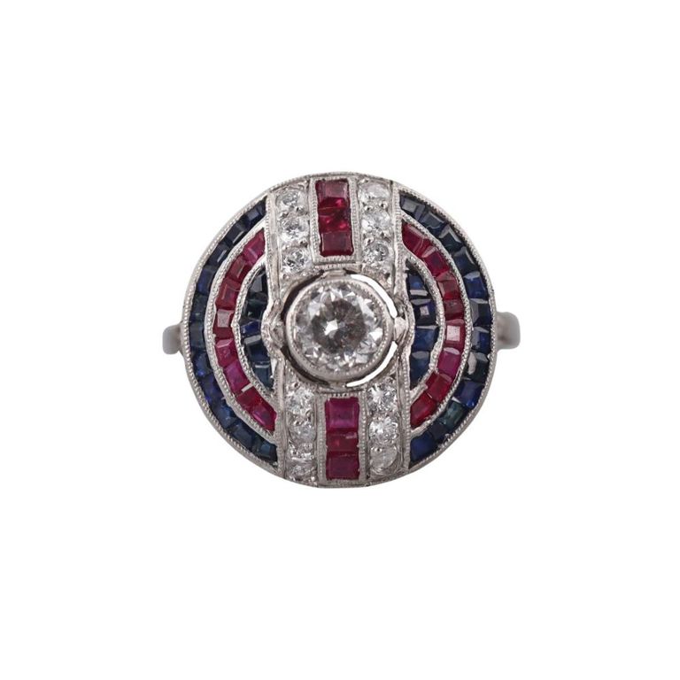 Platinum Diamond Sapphire and Ruby Ring
