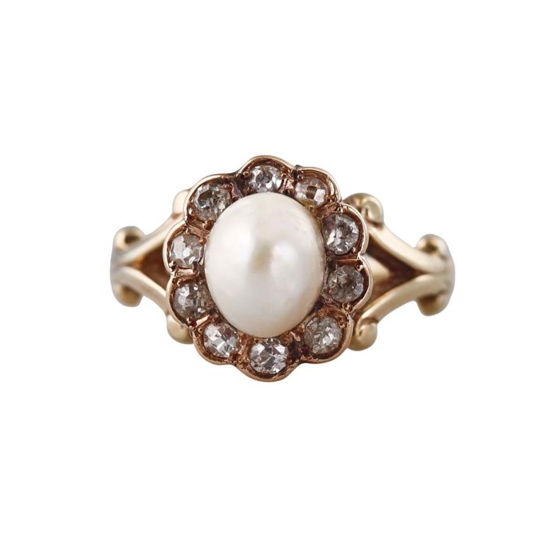 14k Gold Pearl and Diamond Ring