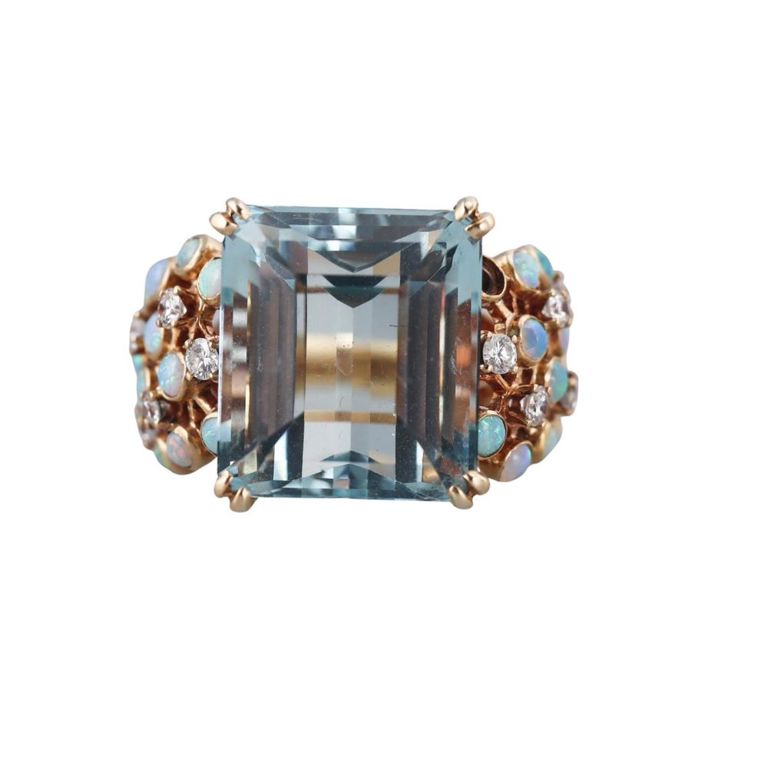 14k Gold Aquamarine Opal and Diamond Ring