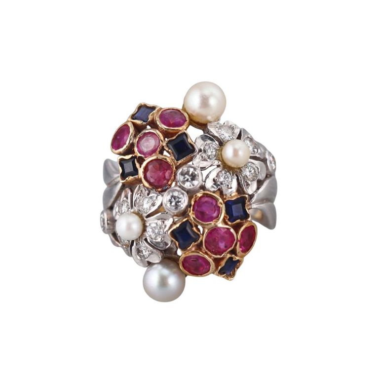 Diamond Sapphire Ruby and Pearl Ring