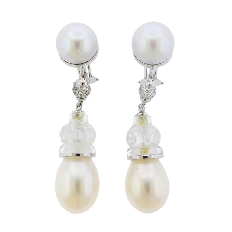 18k Gold Crystal Pearl and Diamond Earrings