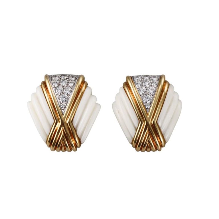 18k Gold Coral and Diamond Earrings