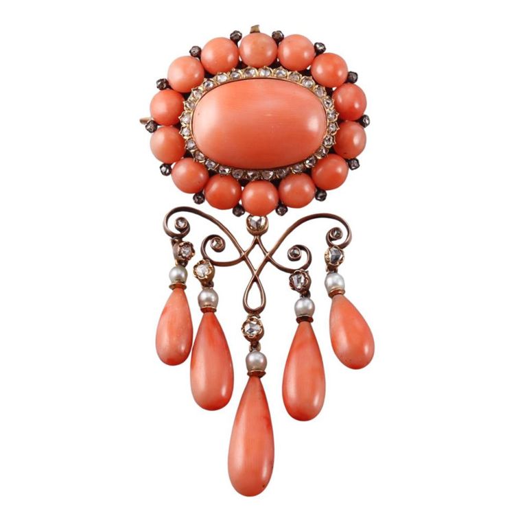 18k Gold Coral Diamond and Pearl Brooch
