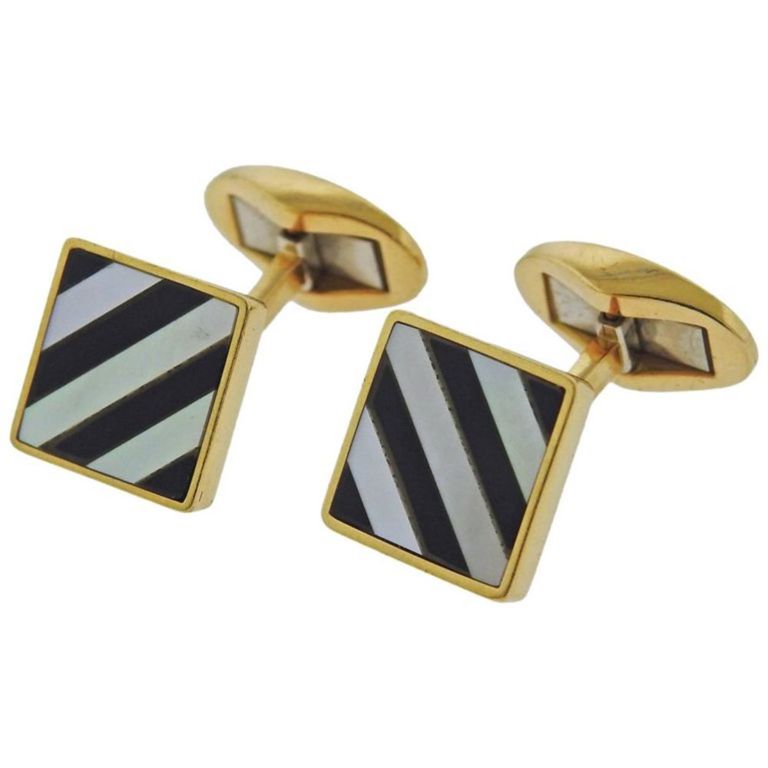 18k Gold Onyx and Mother of Pearl Cufflinks