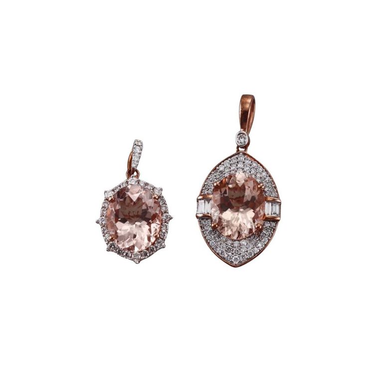 Set of 2 Gold Morganite and Diamond Pendants