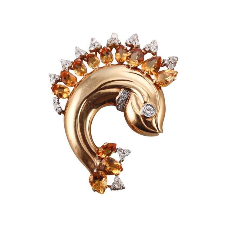 18k Gold Citrine and Diamond Brooch