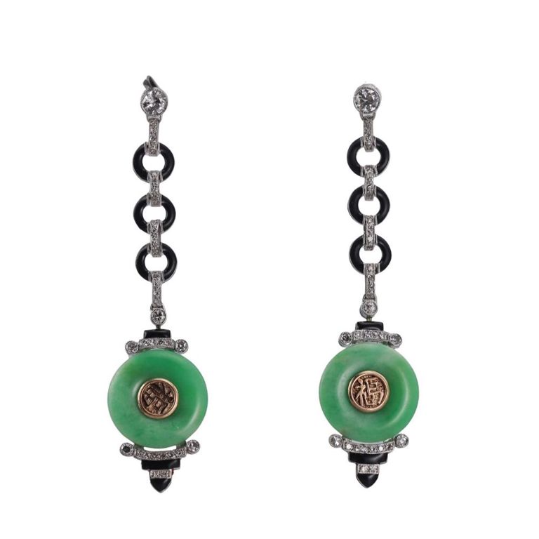 Platinum Jade and Diamond Earrings
