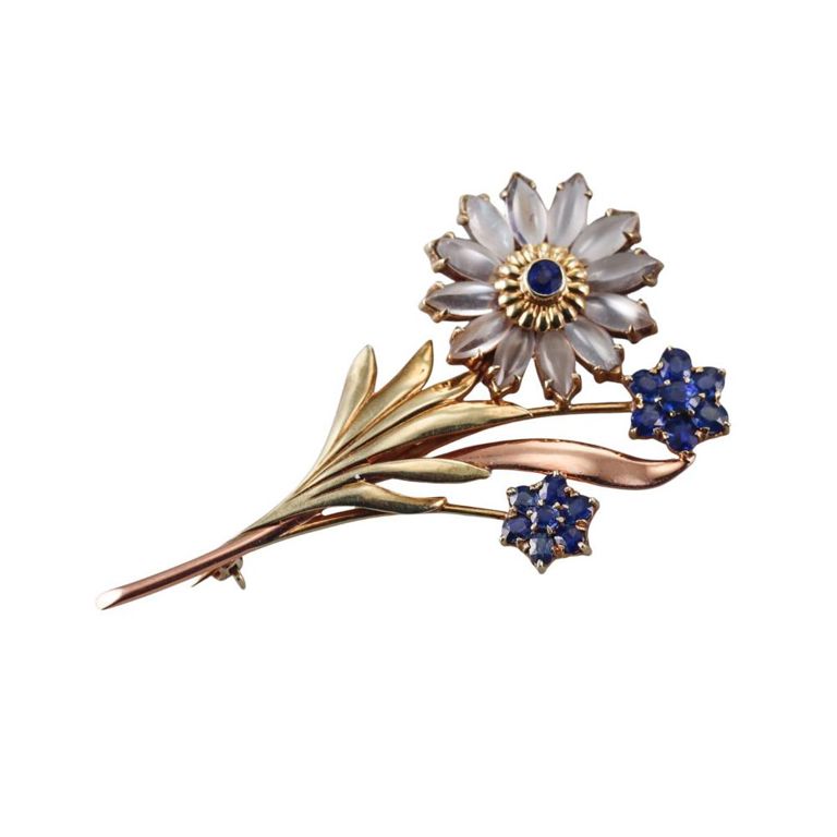 14k Gold Moonstone and Sapphire Brooch