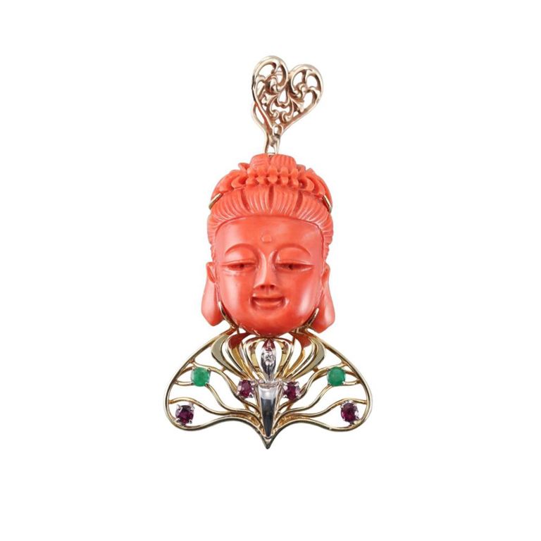 Coral Diamond Emerald and Ruby Pendant