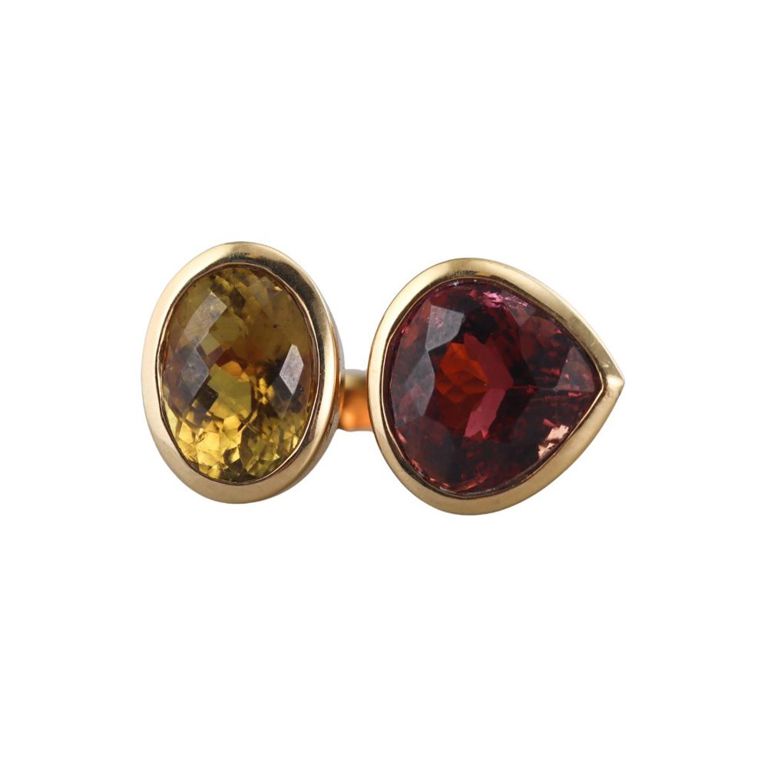18k Gold Peridot and Tourmaline Ring