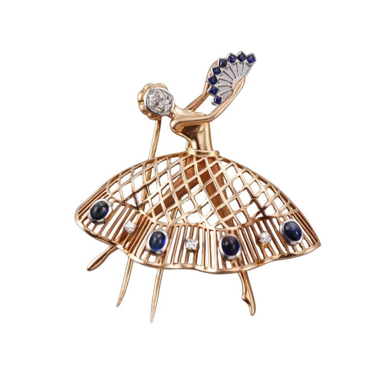 18k Gold Diamond and Sapphire Brooch