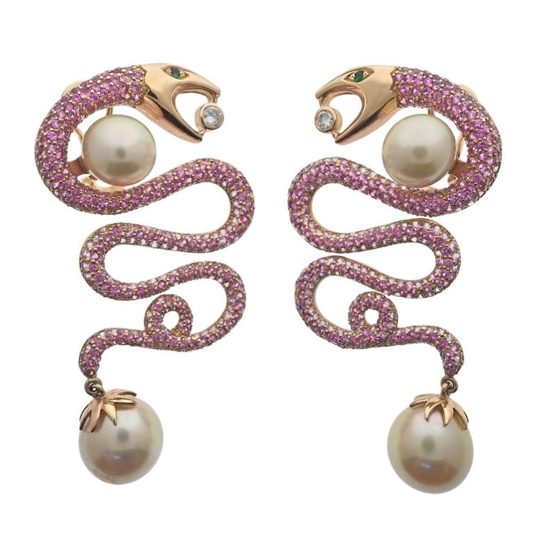 18k Gold Sapphire Pearl and Diamond Earrings