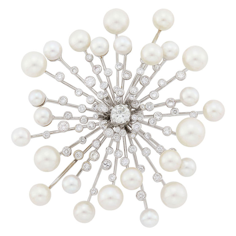 White Gold Pearl and Diamond Brooch