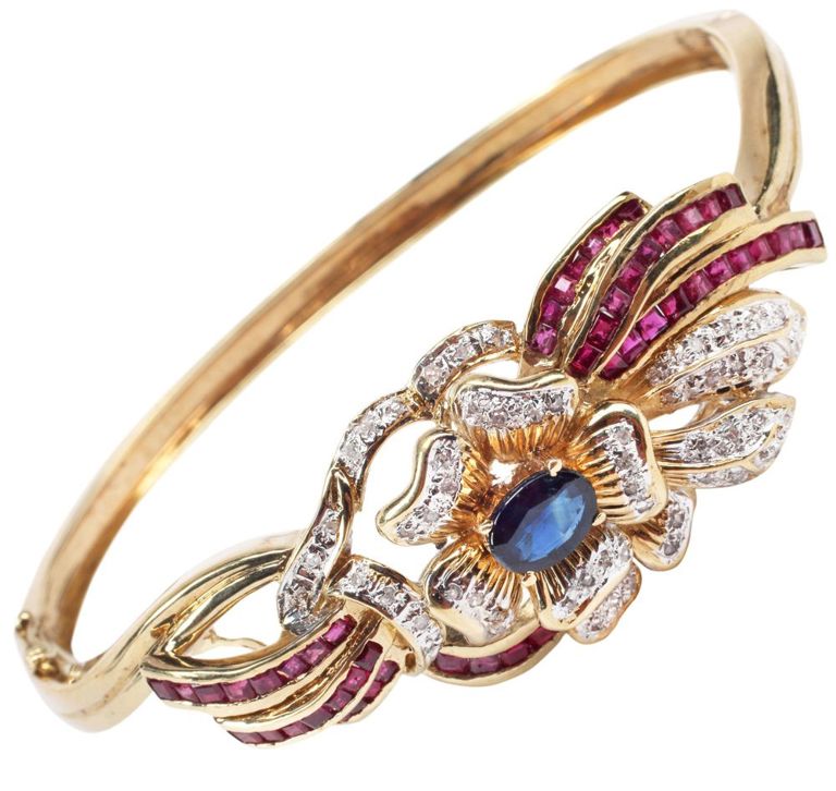 14k Gold Diamond, Ruby and Sapphire Bangle