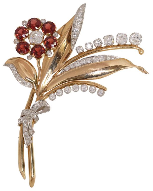 Gold Diamond and Garnet Brooch