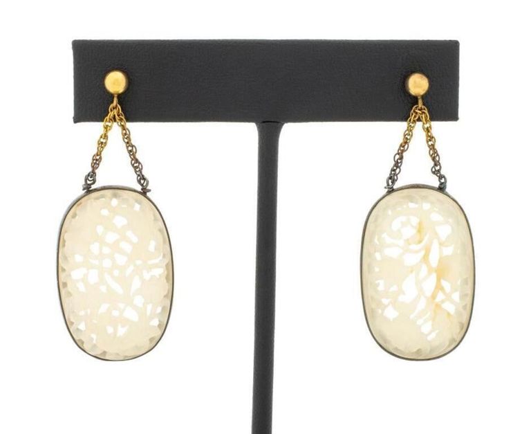 Pair of 14k Gold Jade Earrings
