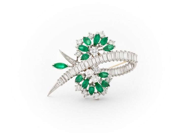 Platinum Emerald and Diamond Brooch