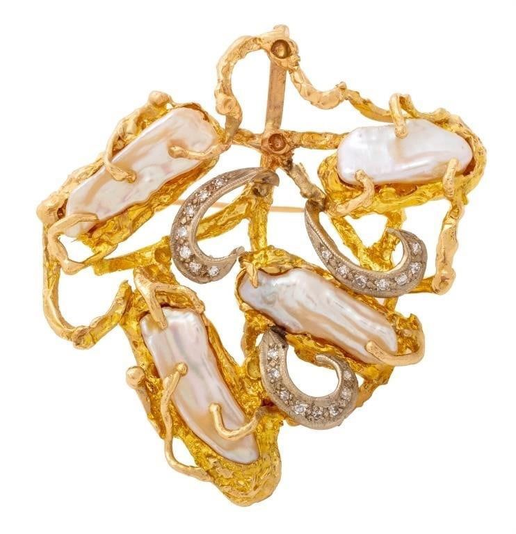 14k Gold Pearl and Diamond Brooch