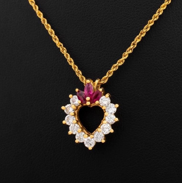 14k Gold Diamond and Ruby Pendant Necklace