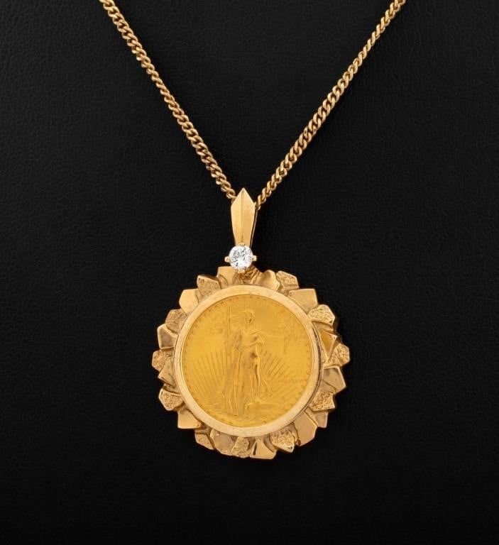 14k Gold Diamond Coin Pendant Necklace