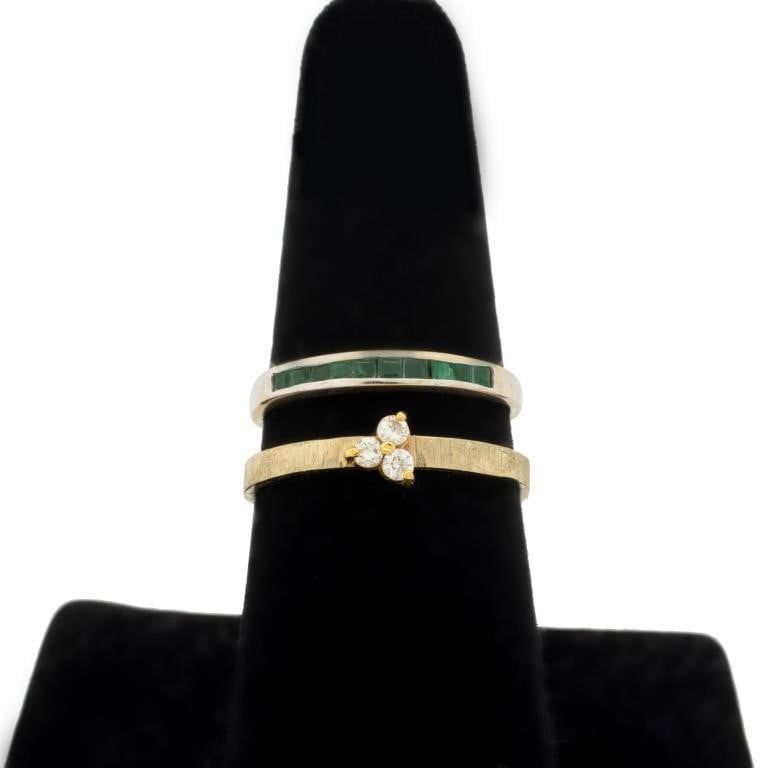 Set of 2 14k Gold Emerald and Diamond Rings