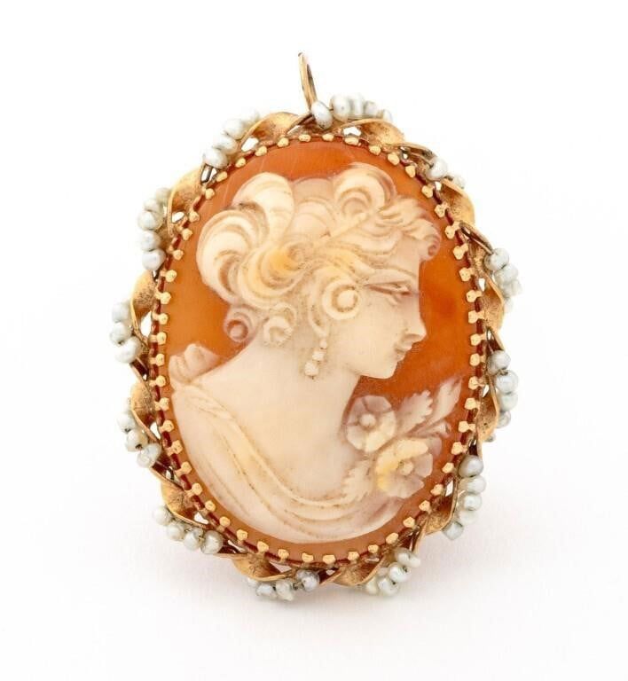 14k Gold Cameo and Pearl Brooch Pendant
