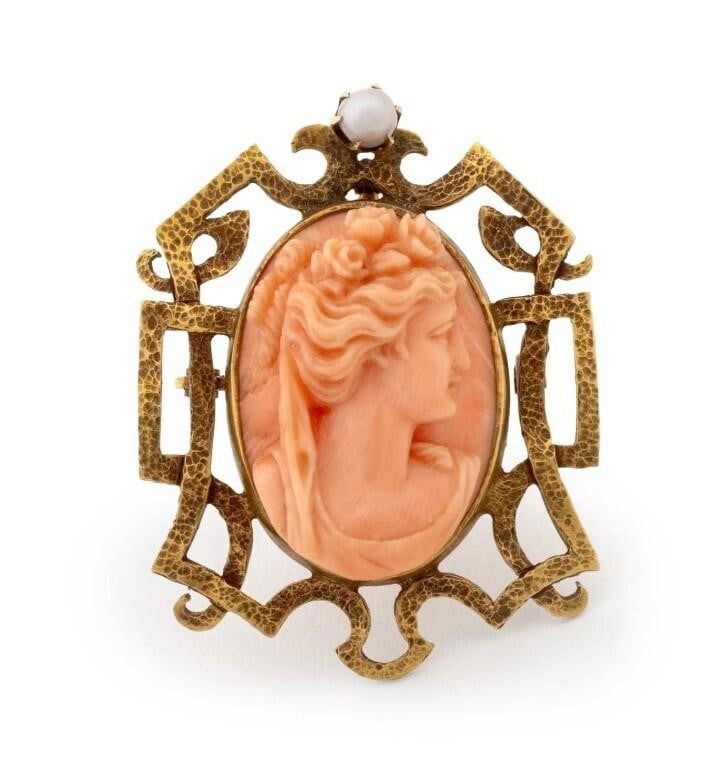 14k Gold Coral and Pearl Brooch Pendant
