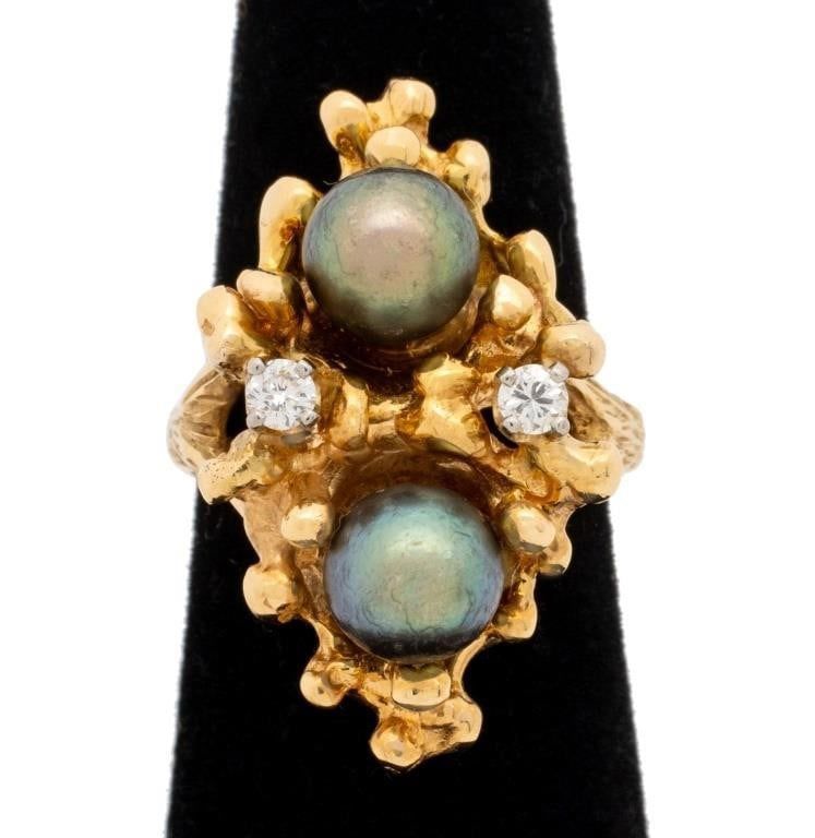 14k Gold Pearl and Diamond Ring