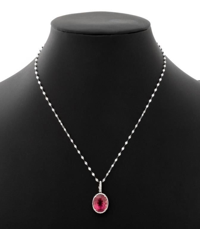 18k Gold Rubellite and Diamond Pendant Necklace