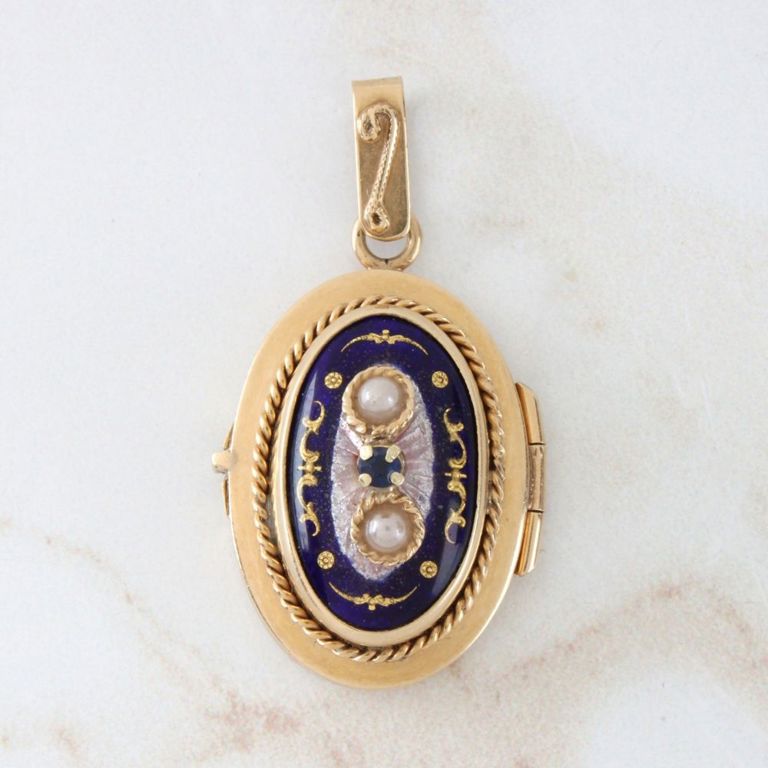 14k Yellow Gold Enamel and Pearl Locket Pendant