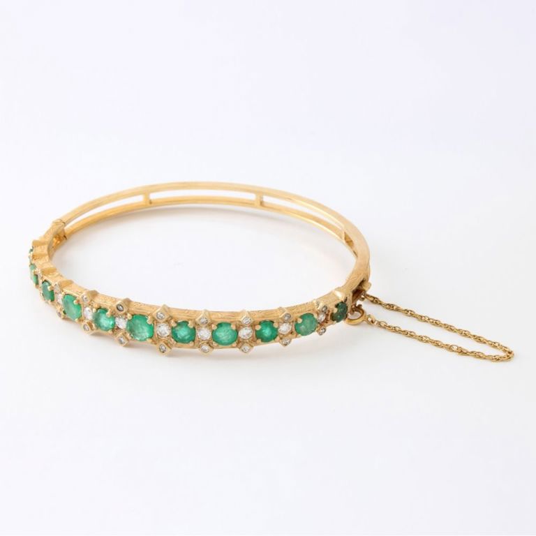 14k Gold Emerald and Diamond Bangle Bracelet