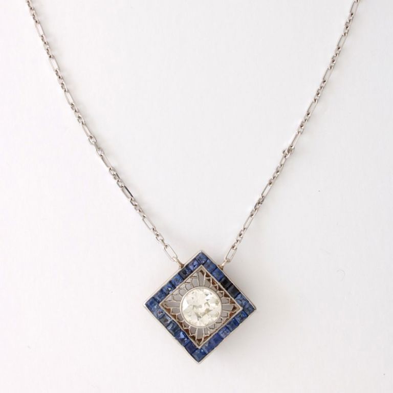 14k Gold Diamond and Sapphire Pendant Necklace