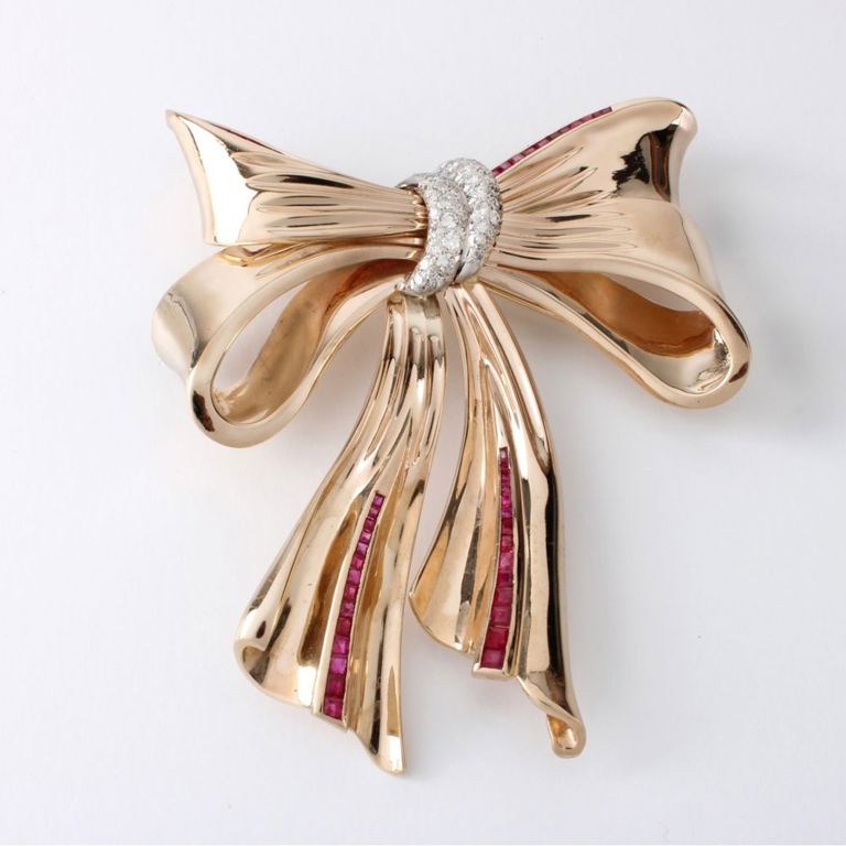 14k Rose Gold Ruby and Diamond Bow Pendant/Brooch