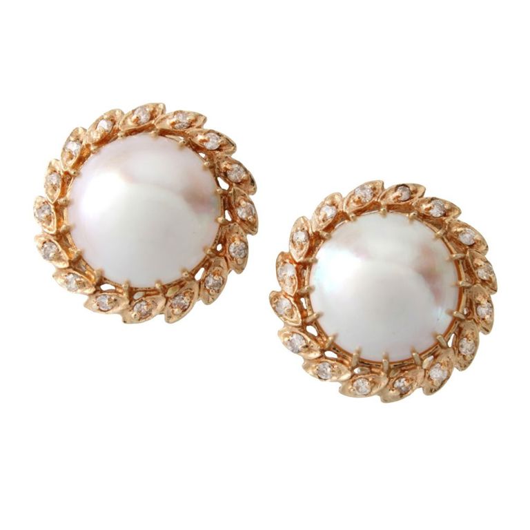 14k Yellow Gold Pearl and Diamond Earrings