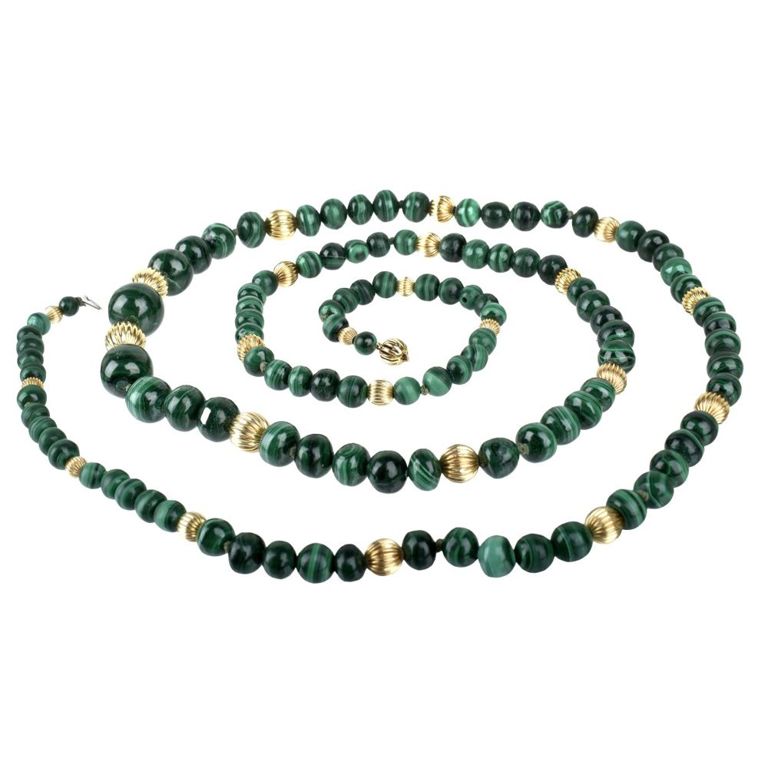 14k Yellow Gold and Malachite Bead Necklace