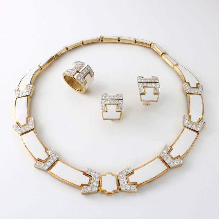 18k Two-Tone Gold Diamond and Enamel Jewelry Set