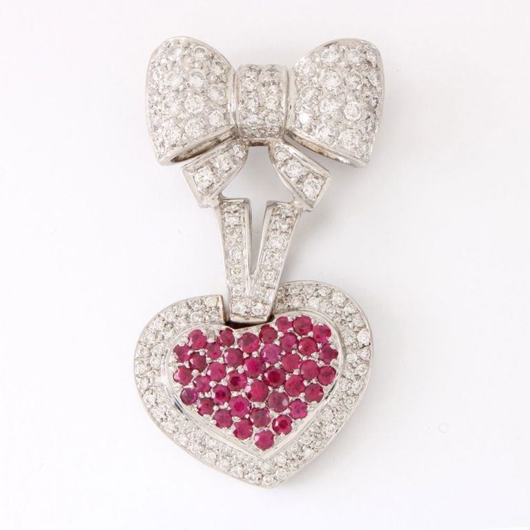 18k White Gold Diamond and Ruby Heart Pendant