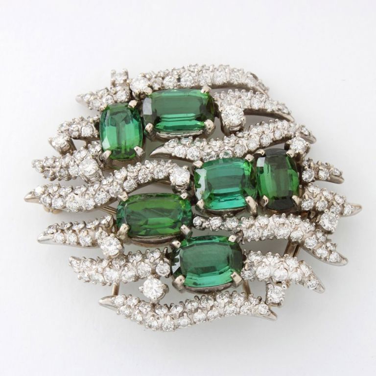 14k White Gold Diamond and Tourmaline Brooch