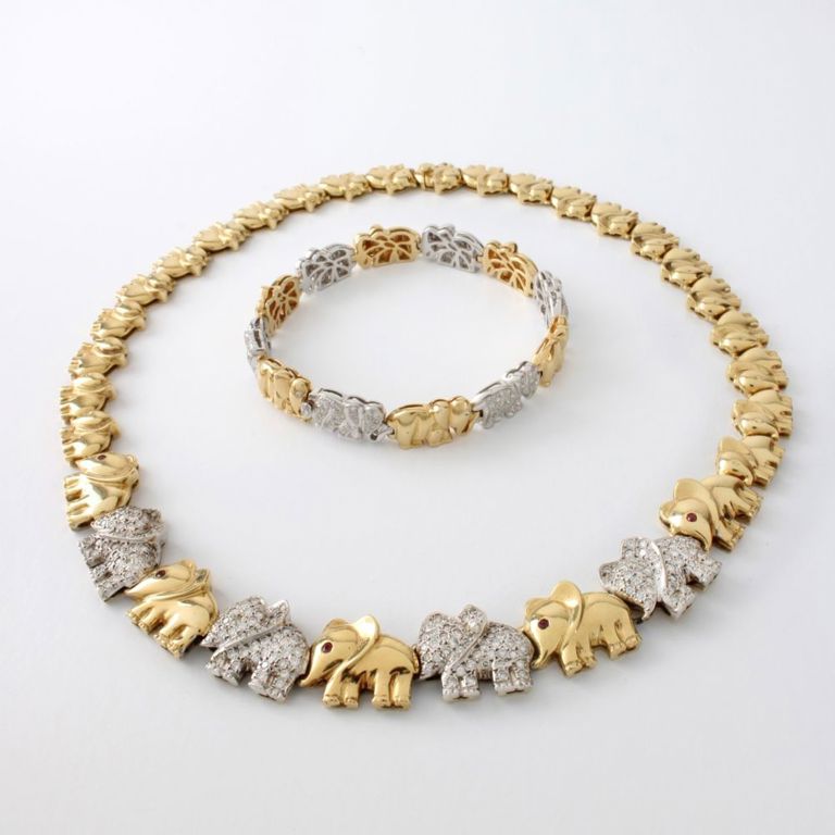 18k Gold Diamond and Ruby Elephant Jewelry Set