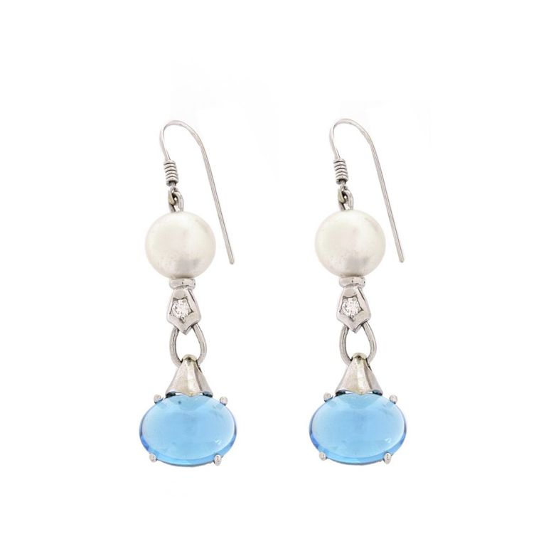18k Gold Diamond, Pearl and Topaz Pendant Earrings