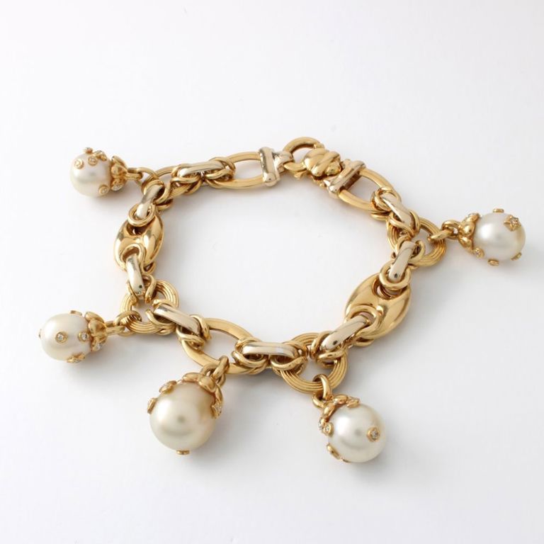 18k Yellow Gold Pearl and Diamond Link Bracelet