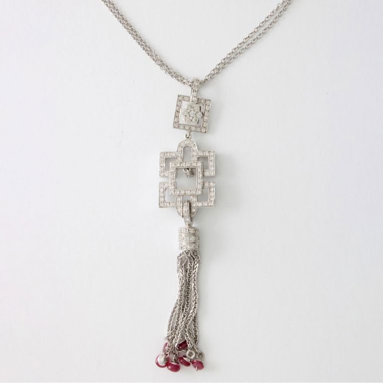 18k White Gold Diamond and Ruby Pendant Necklace