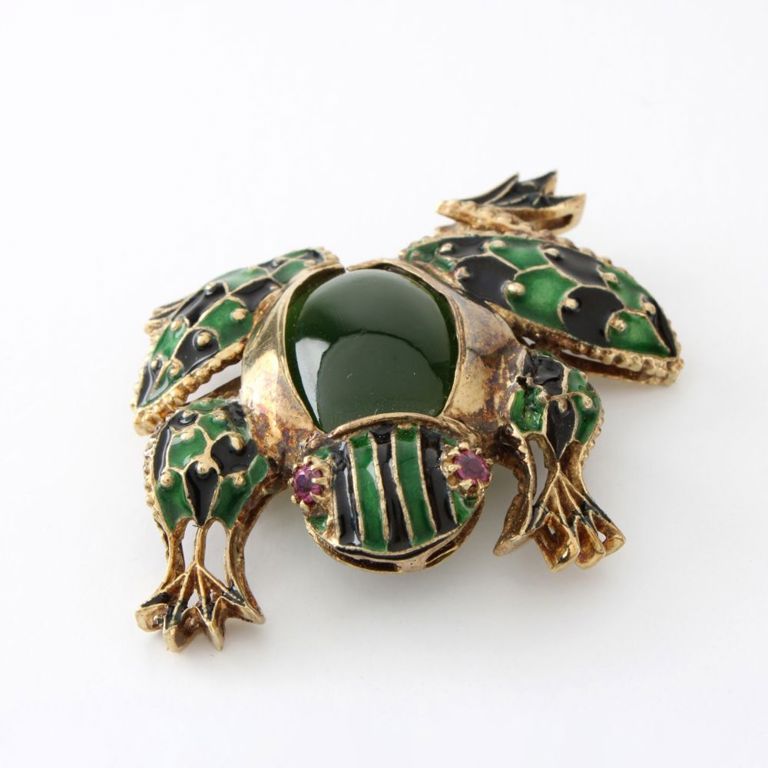 14k Yellow Gold Jade, Ruby and Enamel Frog Brooch
