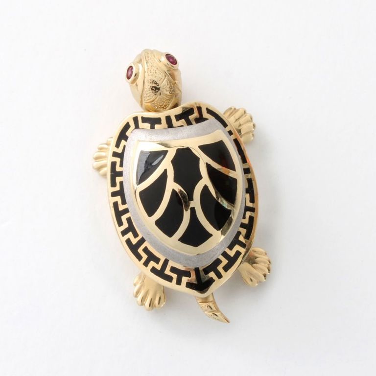 14k Yellow Gold Ruby and Enamel Turtle Pendant